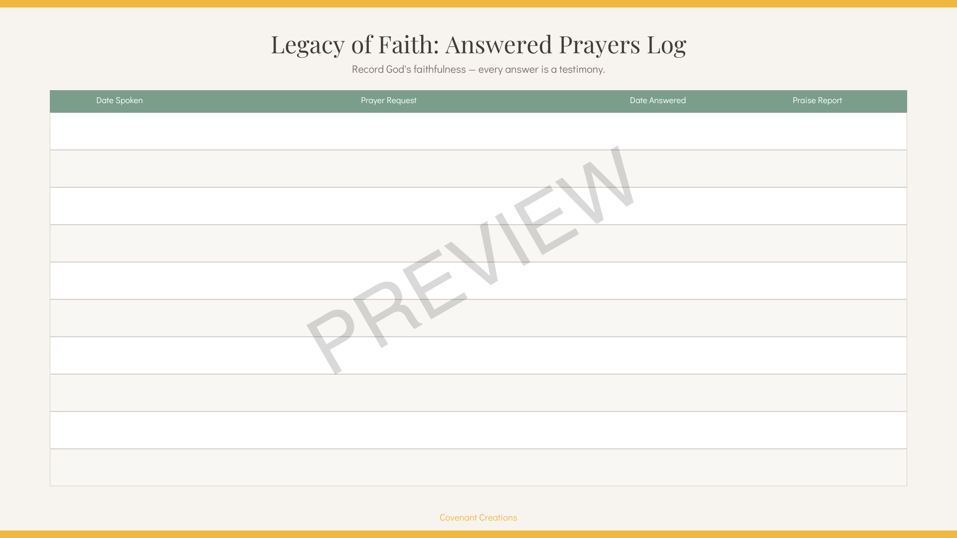 Legacy of Faith Answered Prayers Log | Digital Prayer Request Tracker Sheet PDF | Covenant Creations