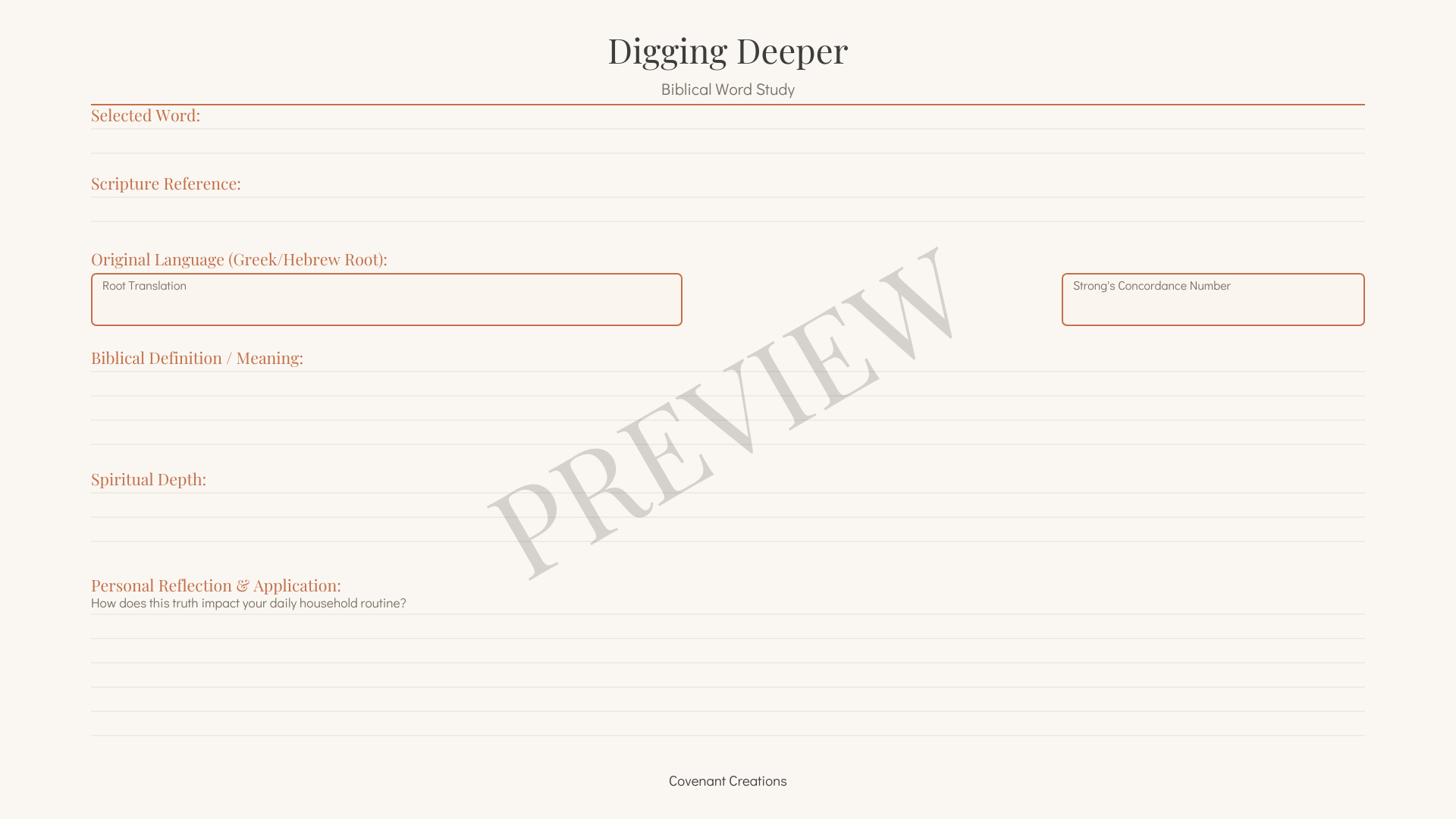 Digging Deeper: Biblical Word Study Template PDF | Standalone Single-Page Word Study & Definition Block | Covenant Creations